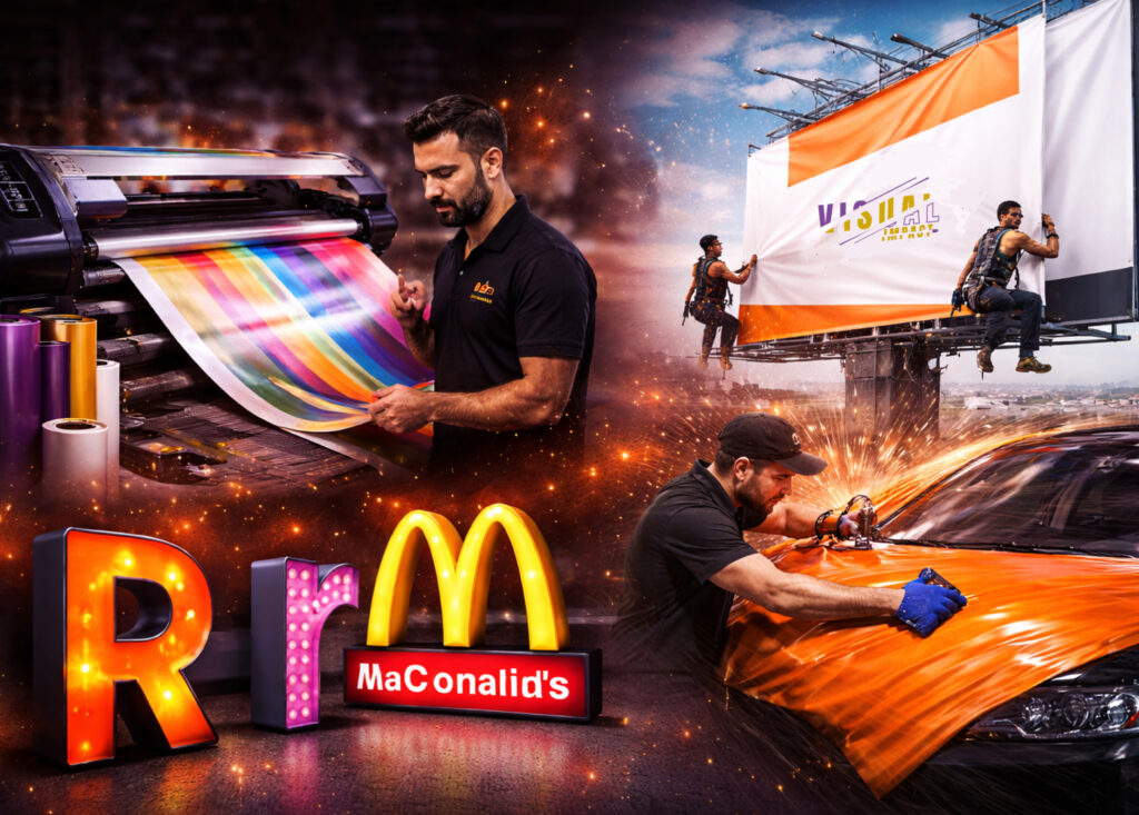 Montaje de servicios de Visual Impact: impresión de gran formato, fabricación de anuncios luminosos 3D, rotulación automotriz y especialistas en instalación de lonas en altura.