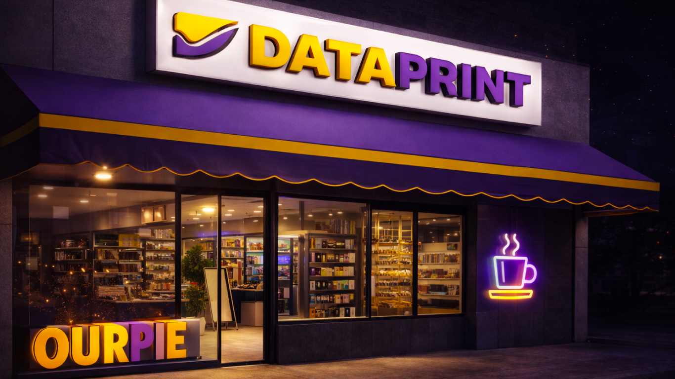 Propuesta conceptual de diseño por IA para fachada comercial por Visual Impact. Muestra la integración de anuncio luminoso (caja de luz), letras 3D corpóreas y toldo retráctil en acrílico y metal.