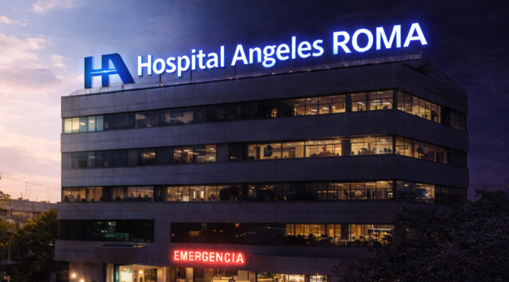 Propuesta de diseño conceptual por Visual Impact para la fachada nocturna del Hospital Angeles Roma, con letras 3D de acrílico iluminadas con LED de halo azul, demostrando capacidades de fabricación e instalación.